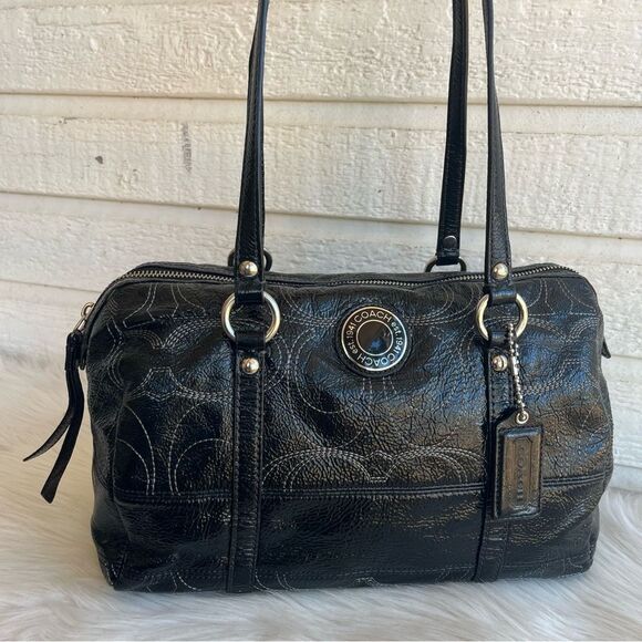 COACH Black Y2K Patent Stripe Boston Signature Tote Shoulder Bag - Picture 4 of 10